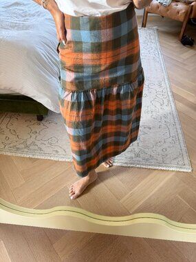 Plaid Midi Skirt in Orange, Blue & Olive - Women
